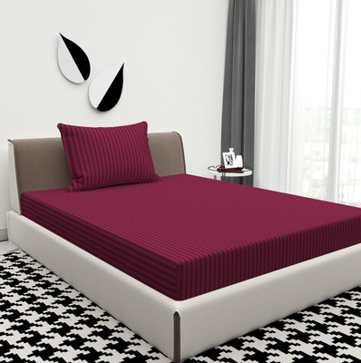 ATCamber Cotton Single Flat 300 TC Striped Bedsheet(Pack of 1, Dark Wine)