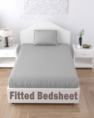 REDROME Cotton Single Fitted (Elastic) 300 TC Striped Bedsheet(Pack of 1, Light Grey)