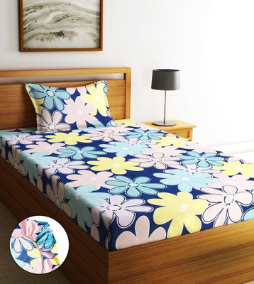 Home Sizzler 210 TC Microfiber Single Abstract Fitted (Elastic) Bedsheet(Pack of 1, Dark Blue)