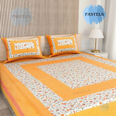 Pastels Cotton Double Flat 144 TC Jaipuri Prints Bedsheet(Pack of 1, Yellow)
