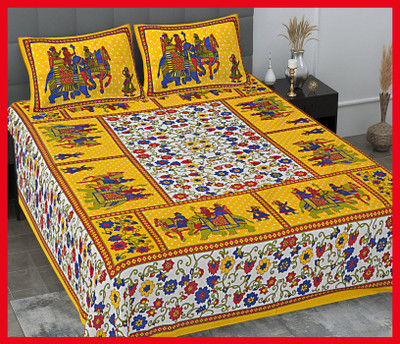 BedZone Cotton Double Flat 230 TC Jaipuri Prints Bedsheet(Pack of 1, Yellow)