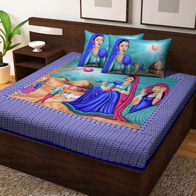 Poorak 104 TC Cotton Double Jaipuri Prints Flat Bedsheet(Pack of 1, Blue)