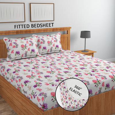 JAI BUN 295 TC Cotton, Microfiber Double Printed Fitted (Elastic) Bedsheet(Pack of 1, White)