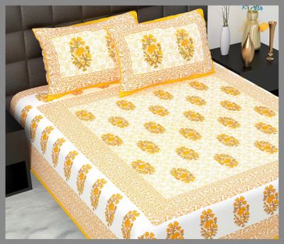 JAIPUR PRINTS Cotton Double Flat 144 TC Jaipuri Prints Bedsheet(Pack of 1, Yellow)