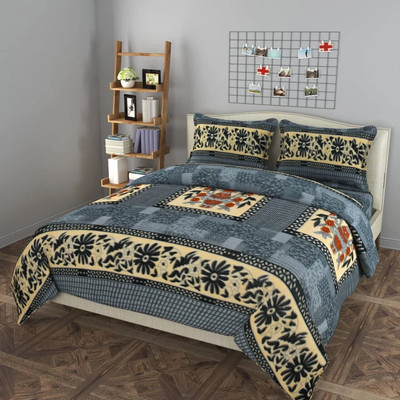 Priscilla Woolen Double Flat 400 TC Floral Bedsheet(Pack of 1, Grey)