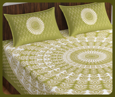 BedZone Cotton Double Flat 240 TC Jaipuri Prints Bedsheet(Pack of 1, Green)