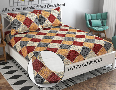 Loof Klapper 210 TC Cotton Double 3D Printed Fitted (Elastic) Bedsheet(Pack of 1, Maroon)