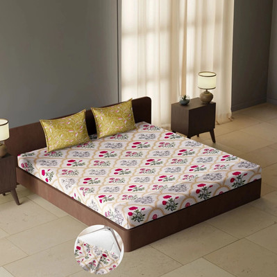 CARLTON LONDON Cotton Queen Fitted (Elastic) 144 TC Geometric Bedsheet(Pack of 1, Multicolor40)