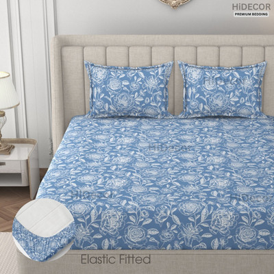 HIDECOR 280 TC Microfiber Double, King Floral Fitted (Elastic) Bedsheet(Pack of 1, Elastic Fitted Bedsheet(72X78 Inch),2 Pillow Cover(17X27 Inch),Blue)