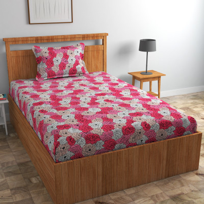Homefab India 180 TC Cotton Single Printed Flat Bedsheet(Pack of 1, Pink)