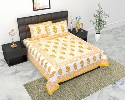 Navkar Creation 104 TC Cotton Double Jaipuri Prints Flat Bedsheet(Pack of 1, Yellow)