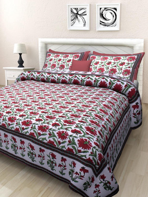 Go Texstylers Cotton Queen Flat 200 TC Jaipuri Prints Bedsheet(Pack of 1, Red)