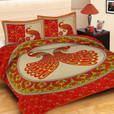 Dreamsoft Cotton Double Flat 144 TC Jaipuri Prints Bedsheet(Pack of 1, Orange & Green)