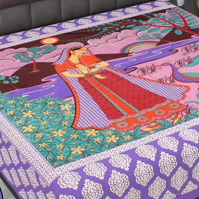 E ELMA Cotton Double Flat 144 TC Printed Bedsheet(Pack of 1, Purple)