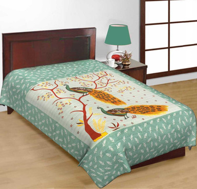 E ELMA Cotton Single Flat 144 TC Printed Bedsheet(Pack of 1, Green)