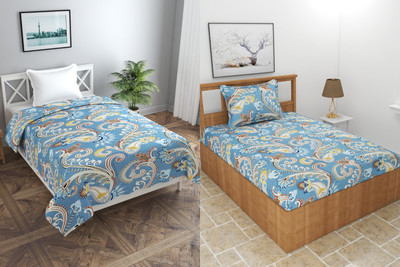 MORADO 210 TC Polycotton Single Printed Flat Bedsheet(Pack of 2, Blue)