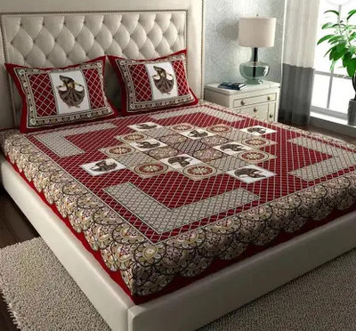 Rajasthani Traditional Cotton Double Flat 300 TC Striped Bedsheet(Pack of 1, Maroon, Grey)