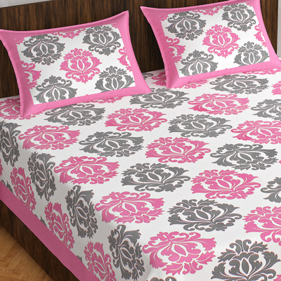 E ELMA Cotton Double Flat 144 TC Abstract Bedsheet(Pack of 1, Pink)