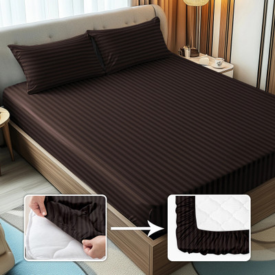 Story@home Microfiber Queen Fitted (Elastic) 300 TC Striped Bedsheet(Pack of 1, Brown)