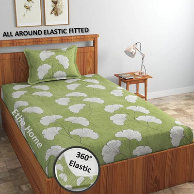 Ethe Home 280 TC Cotton Single Printed Fitted (Elastic) Bedsheet(Pack of 1, Green)