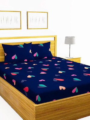 BUCKSHOP 250 TC Cotton Double 3D Printed Fitted (Elastic) Bedsheet(Pack of 1, Blue)