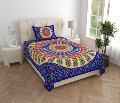 Monik Handicrafts Cotton Single Flat 144 TC Jaipuri Prints Bedsheet(Pack of 1, Blue)