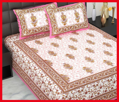 BedZone Cotton Double Flat 210 TC Jaipuri Prints Bedsheet(Pack of 1, Pink)