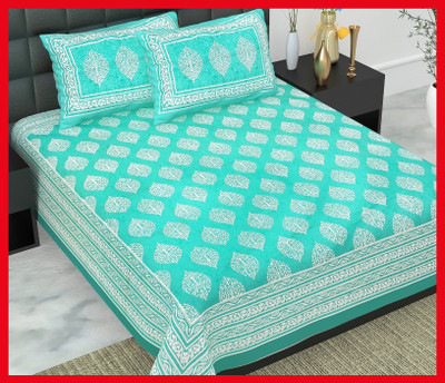 JAIPUR PRINTS Cotton Double Flat 240 TC Jaipuri Prints Bedsheet(Pack of 1, Sky)