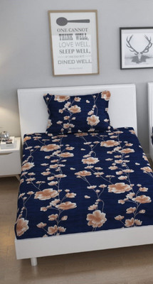 TURIYA Microfiber Single Flat 180 TC Floral Bedsheet(Pack of 1, Blue)
