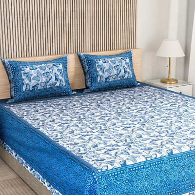 SARVOCH Cotton Double Flat 144 TC Jaipuri Prints Bedsheet(Pack of 1, Blue, Dark Blue)