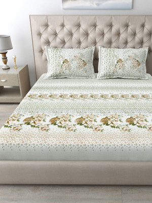 Mafatlal Cotton King Flat 186 TC Floral Bedsheet(Pack of 1, Off-white, Grey & Green)