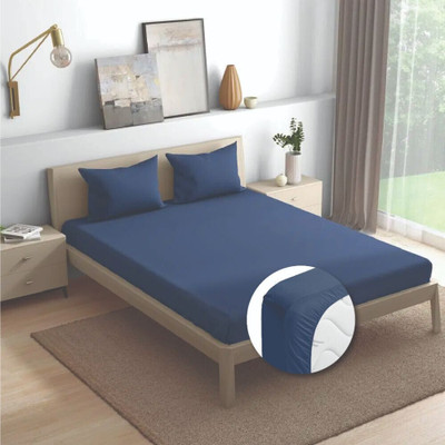 Wakefit 144 TC Cotton Queen Solid Fitted (Elastic) Bedsheet(Pack of 1, Navy)