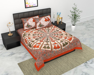 E ELMA Cotton Double Flat 144 TC Jaipuri Prints Bedsheet(Pack of 1, Brown)