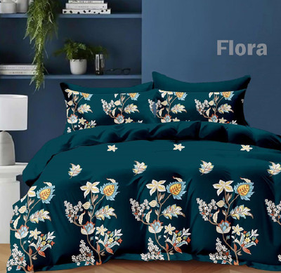Laying Style Polycotton King Flat 350 TC Printed Bedsheet(Pack of 1, Glace Cotton Printed Flat Double Bedsheet, 90 X 100 Inches with 2 Pillow Cover)