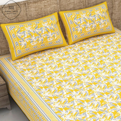 PahalArts Cotton Double Flat 144 TC Jaipuri Prints Bedsheet(Pack of 1, Yellow)