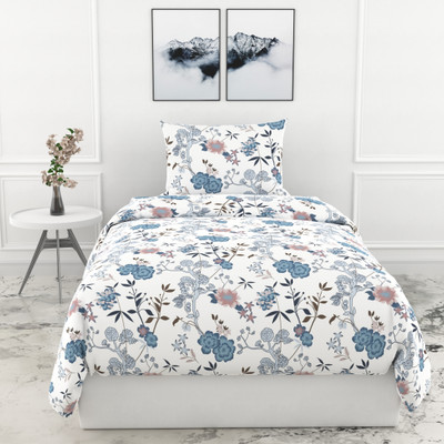 LORETO Cotton Single Flat 144 TC Floral Bedsheet(Pack of 1, Blush and Blue Meadow Blooms)