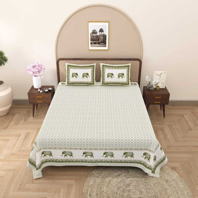 SPSON'S HANDLOOM Cotton King Flat 300 TC Jaipuri Prints Bedsheet(Pack of 1, White, Green)