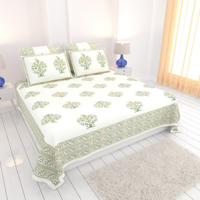 Alayka Home Cotton King Flat 200 TC Floral Bedsheet(Pack of 1, Green)