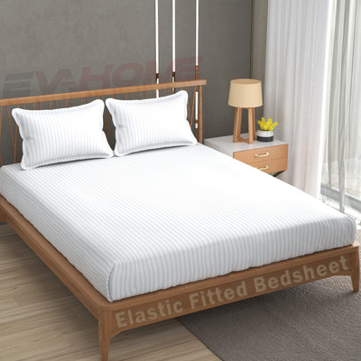 EVAHOME 300 TC Cotton Double Striped Fitted (Elastic) Bedsheet(Pack of 1, White)