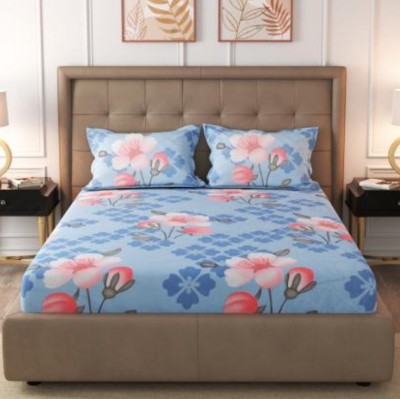 n g products 220 TC Cotton Queen Floral Fitted (Elastic) Bedsheet(Pack of 1, Blue)