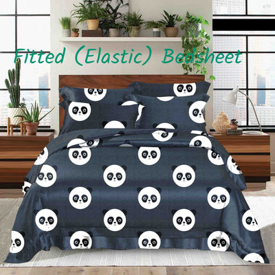 CREATURE Cotton Double Fitted (Elastic) 144 TC Printed Bedsheet(Pack of 1, F_Black Panda Safari Fitted 180)