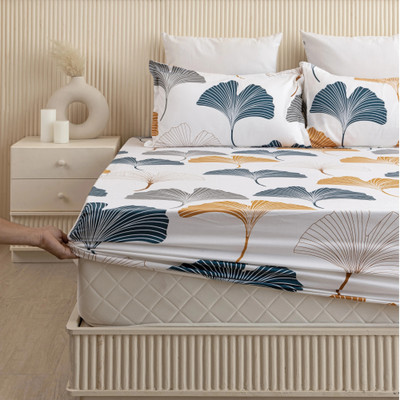 HOMEMONDE Cotton King Fitted (Elastic) 210 TC Printed Bedsheet(Pack of 1, Mustard & Grey)