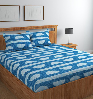 subhani Polycotton Double Flat 300 TC Motifs Bedsheet(Pack of 1, Blue, White)