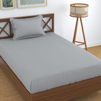Homefab India Cotton Single Flat 140 TC Striped Bedsheet(Pack of 1, Silver)