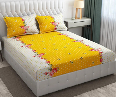 Rumps 220 TC Cotton King Printed Fitted (Elastic) Bedsheet(Pack of 1, WHITE DOT 00)