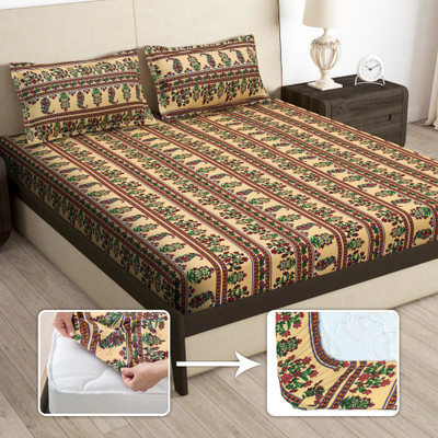 Story@home 180 TC Microfiber Queen Printed Fitted (Elastic) Bedsheet(Pack of 1, Beige)