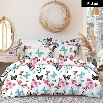 LA COMFY 180 TC Cotton Double Printed Fitted (Elastic) Bedsheet(Pack of 1, White2)
