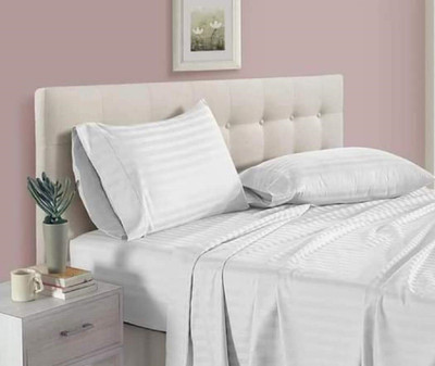 ROOMSTYLE 230 TC Cotton Double Striped Fitted (Elastic) Bedsheet(Pack of 1, White)