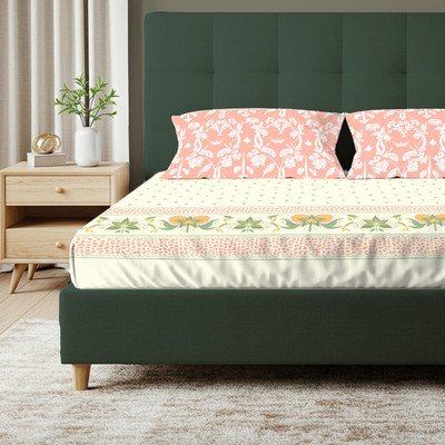 Urban Space Cotton Super King Flat 200 TC Printed Bedsheet(Pack of 1, Beige, Peach)