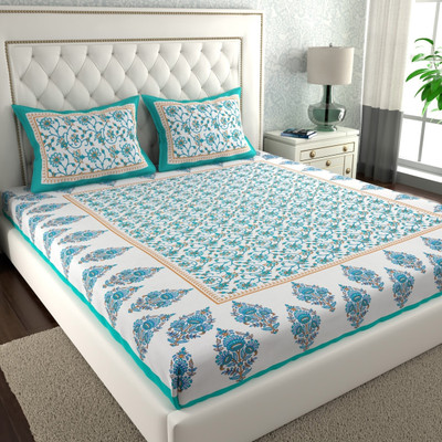 Jeevat 144 TC Cotton Double Jaipuri Prints Flat Bedsheet(Pack of 1, Green)